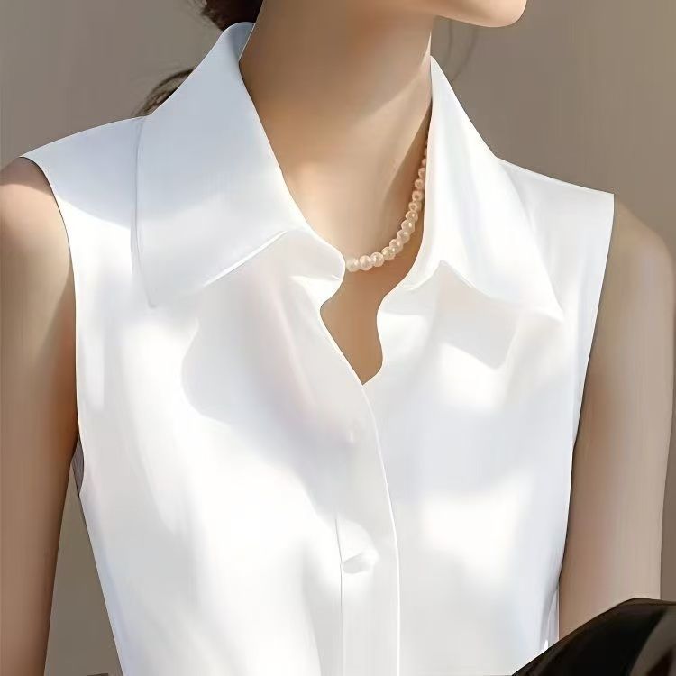 Shirt Camp Collar - French Satin POLO Collar Sleeveless Vest