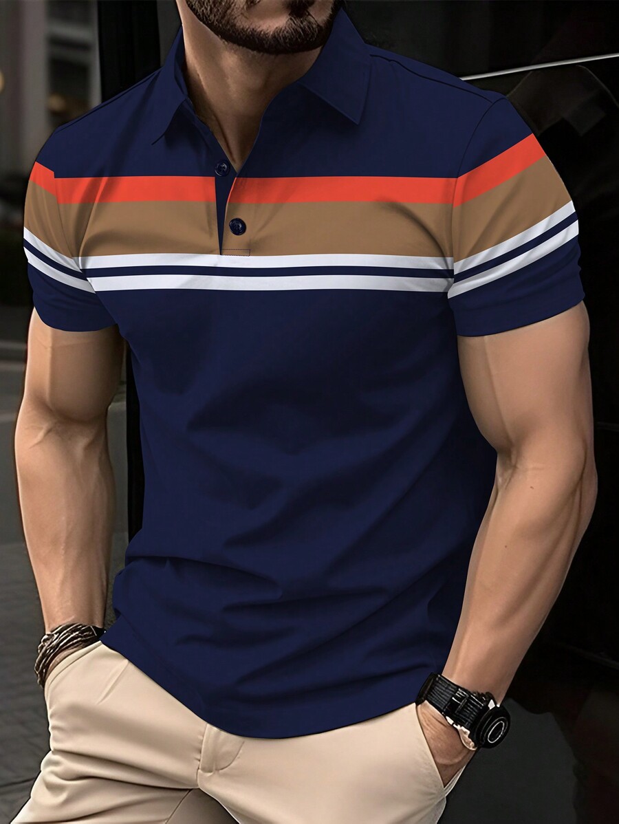 Polo Shirt Pique - Calvornis Men Color Block Short Sleeve